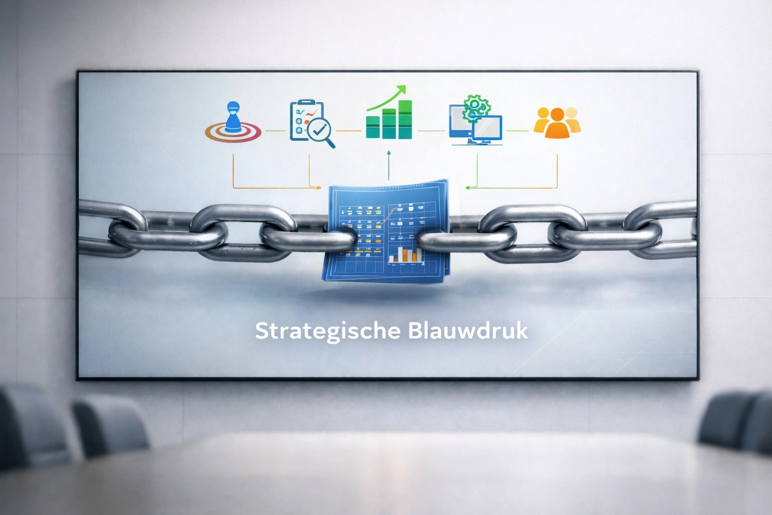 In deze afbeelding zie je de Strategische Blauwdruk die de verbinder is van de schakels in de Commerciële Keten