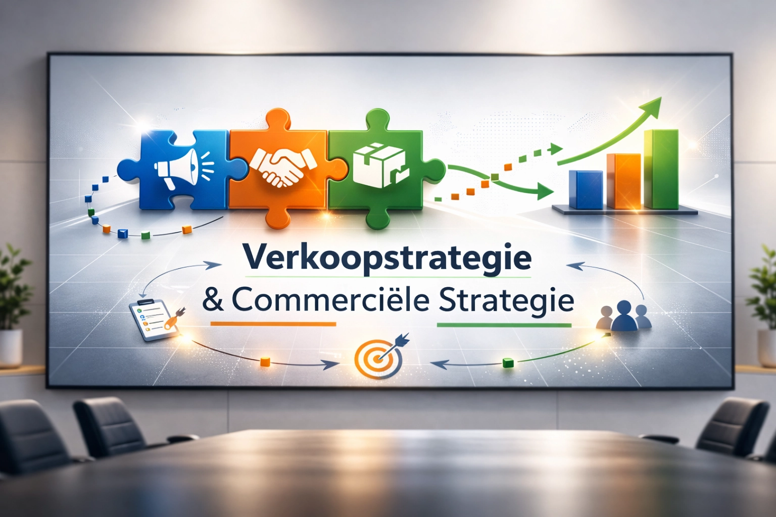 Deze afbeelding illustreert de vraag wat een commerciële strategie en een verkoopstrategie is door een whiteboard met iconen