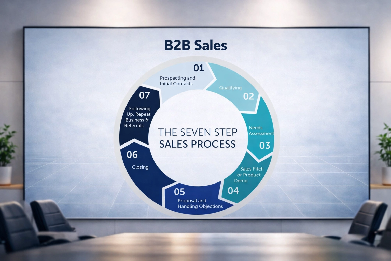 Een afbeelding met een whiteboard die laat zien hoe sales werkt en hoe het B2B salesproces eruitziet